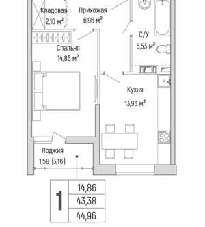 1-к квартира, вторичка, 45м2, 4/9 этаж