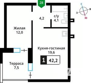 1-к квартира, вторичка, 42м2, 1/6 этаж