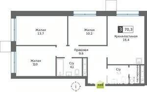 3-к квартира, вторичка, 70м2, 10/32 этаж