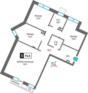 3-к квартира, вторичка, 96м2, 2/6 этаж