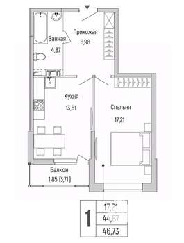 1-к квартира, строящийся дом, 47м2, 4/9 этаж