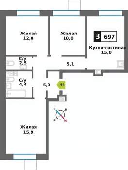 3-к квартира, вторичка, 70м2, 9/9 этаж