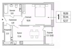 1-к квартира, вторичка, 52м2, 8/9 этаж