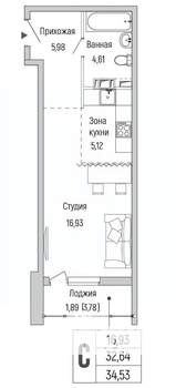 Студия квартира, вторичка, 35м2, 6/9 этаж