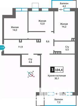 3-к квартира, вторичка, 104м2, 3/6 этаж