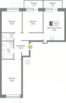 3-к квартира, строящийся дом, 71м2, 3/9 этаж