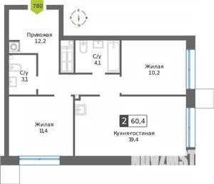 2-к квартира, вторичка, 60м2, 30/32 этаж