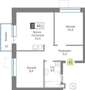 2-к квартира, строящийся дом, 49м2, 9/9 этаж