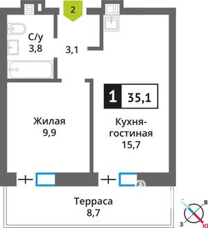 1-к квартира, строящийся дом, 35м2, 1/9 этаж