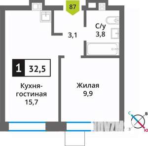 1-к квартира, вторичка, 33м2, 5/9 этаж