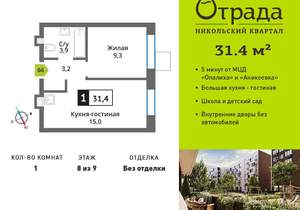 1-к квартира, вторичка, 31м2, 8/9 этаж