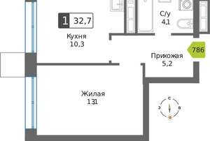 1-к квартира, вторичка, 33м2, 30/32 этаж