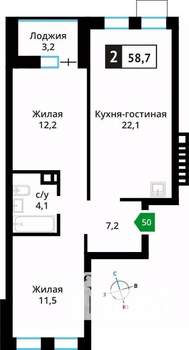 2-к квартира, вторичка, 59м2, 5/6 этаж