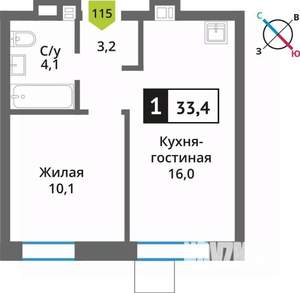 1-к квартира, вторичка, 33м2, 8/9 этаж