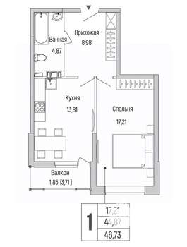 1-к квартира, вторичка, 47м2, 3/9 этаж