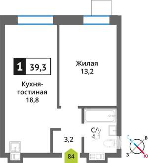 1-к квартира, вторичка, 39м2, 4/9 этаж