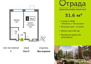 1-к квартира, вторичка, 32м2, 8/9 этаж