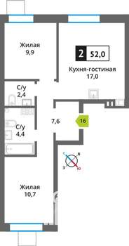 2-к квартира, строящийся дом, 52м2, 3/9 этаж