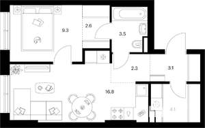 1-к квартира, вторичка, 42м2, 1/9 этаж