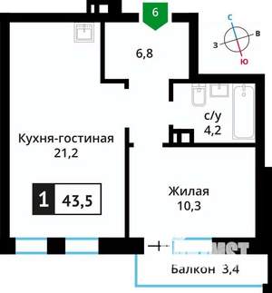1-к квартира, вторичка, 44м2, 2/6 этаж