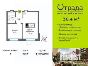 1-к квартира, вторичка, 36м2, 8/9 этаж