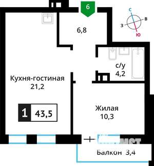 1-к квартира, вторичка, 44м2, 4/6 этаж