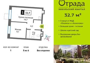 1-к квартира, вторичка, 33м2, 5/9 этаж