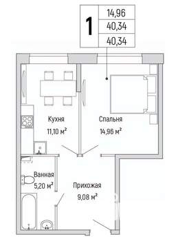 1-к квартира, вторичка, 40м2, 1/9 этаж