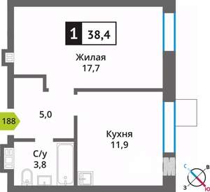 1-к квартира, вторичка, 38м2, 7/9 этаж
