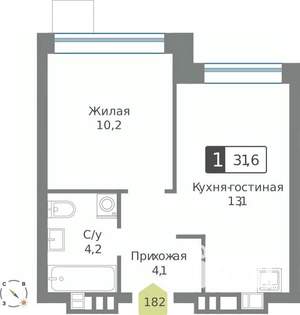 1-к квартира, строящийся дом, 32м2, 5/9 этаж