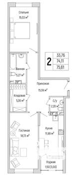 2-к квартира, вторичка, 76м2, 2/9 этаж