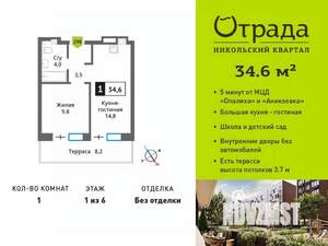 1-к квартира, вторичка, 35м2, 1/6 этаж