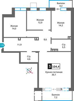 3-к квартира, вторичка, 104м2, 3/6 этаж