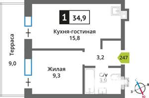 1-к квартира, вторичка, 35м2, 1/9 этаж