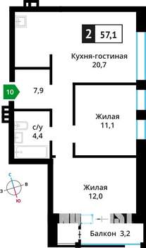 2-к квартира, вторичка, 57м2, 3/6 этаж