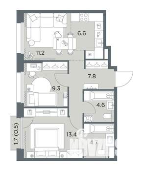 3-к квартира, вторичка, 58м2, 6/6 этаж