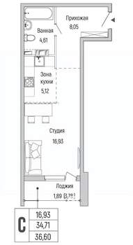 Студия квартира, вторичка, 37м2, 7/9 этаж