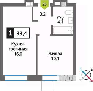 1-к квартира, вторичка, 33м2, 4/9 этаж