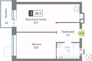 1-к квартира, строящийся дом, 40м2, 6/9 этаж