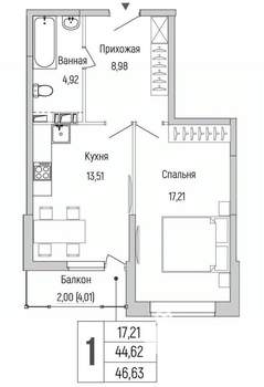 1-к квартира, вторичка, 47м2, 8/9 этаж