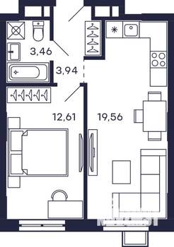 1-к квартира, строящийся дом, 40м2, 14/28 этаж