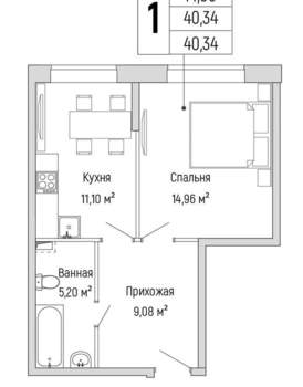 1-к квартира, вторичка, 40м2, 1/9 этаж