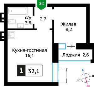 1-к квартира, вторичка, 32м2, 5/6 этаж