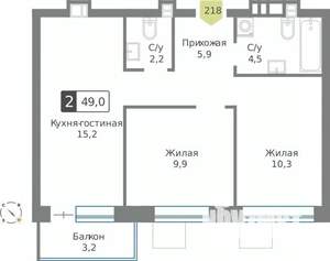 2-к квартира, строящийся дом, 49м2, 8/9 этаж