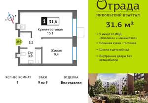 1-к квартира, вторичка, 32м2, 9/9 этаж
