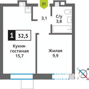 1-к квартира, строящийся дом, 33м2, 5/9 этаж