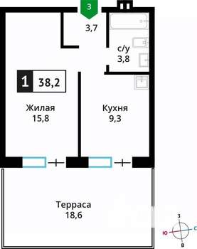 1-к квартира, вторичка, 38м2, 1/6 этаж