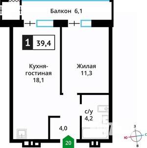 1-к квартира, вторичка, 39м2, 3/6 этаж