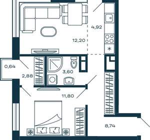 1-к квартира, строящийся дом, 45м2, 18/25 этаж