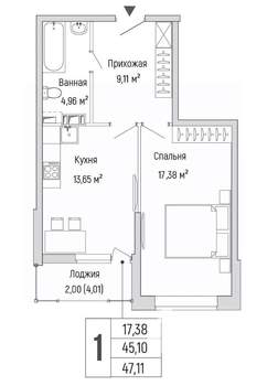 1-к квартира, вторичка, 47м2, 6/9 этаж